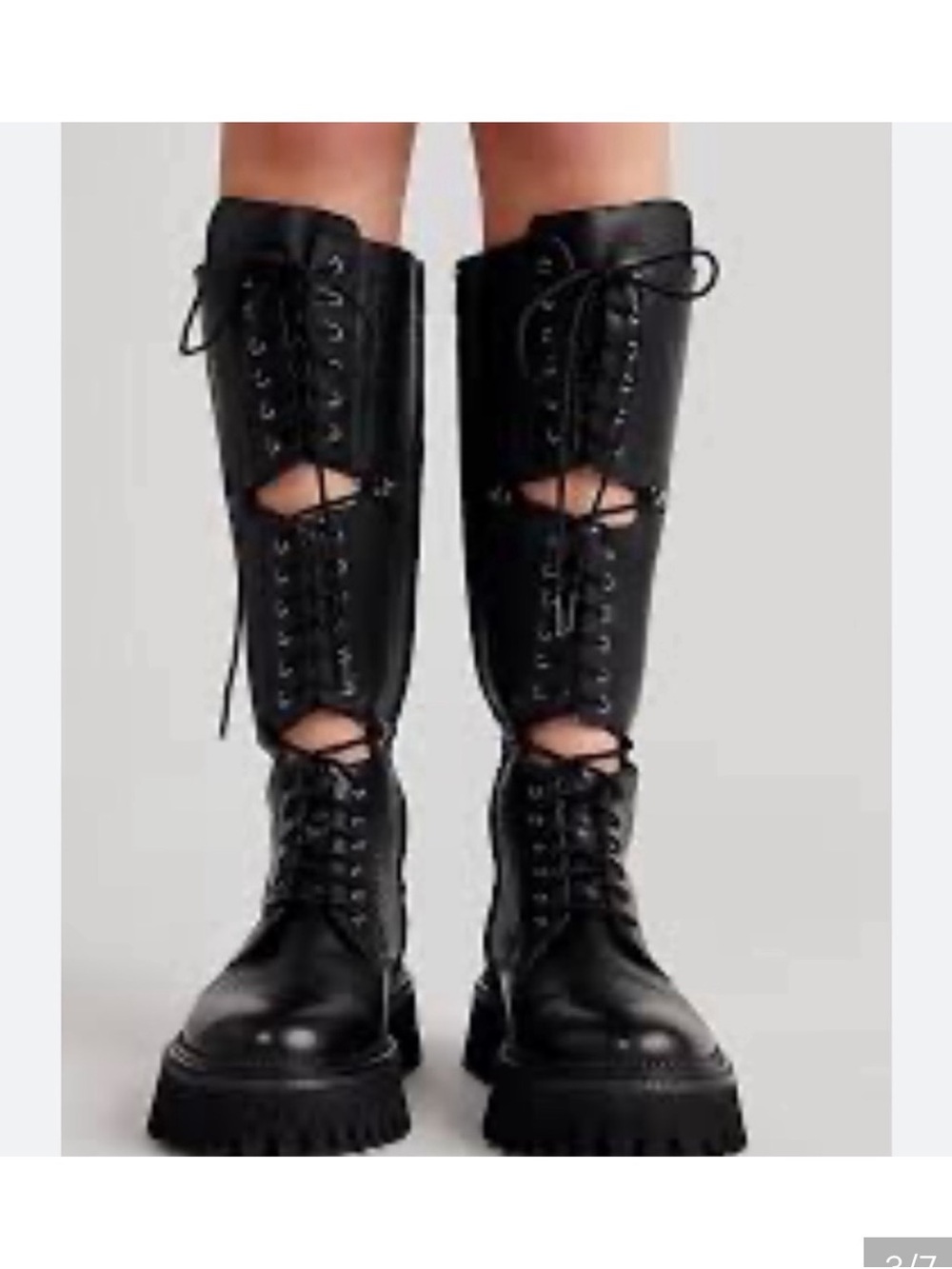 Free People Black Lace-Up Knee-High Combat Boots with Cutout Panels